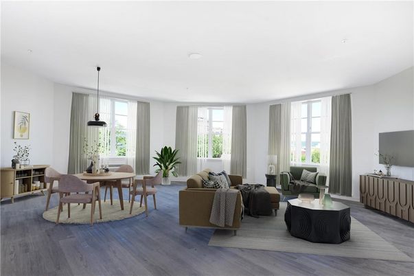 Dining room, Interior, Living room, Pendant Lights, Recessed Lighting, Wood Texture Flooring