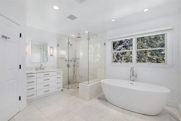 Bathroom, Dual Sink Vanities, Free Standing Baths, Glass Shower, Interior, Marble, Recessed Lighting