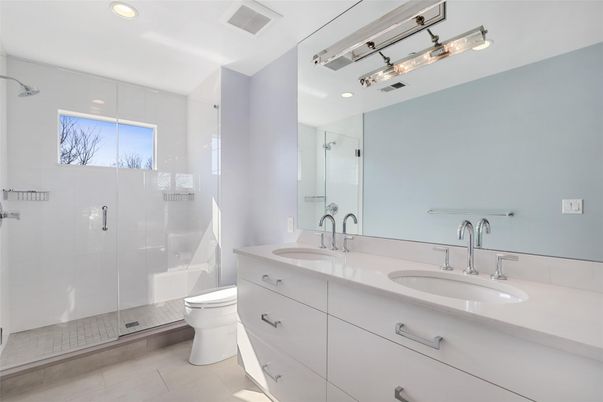 Bathroom, Dual Sink Vanities, Glass Shower, Interior, Recessed Lighting