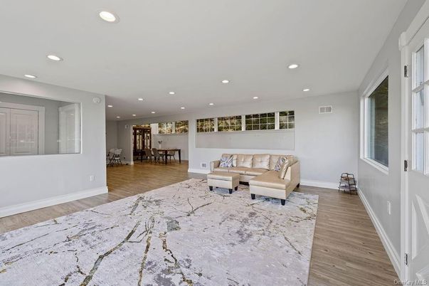 Dining room, Interior, Living room, Recessed Lighting, Wood Texture Flooring