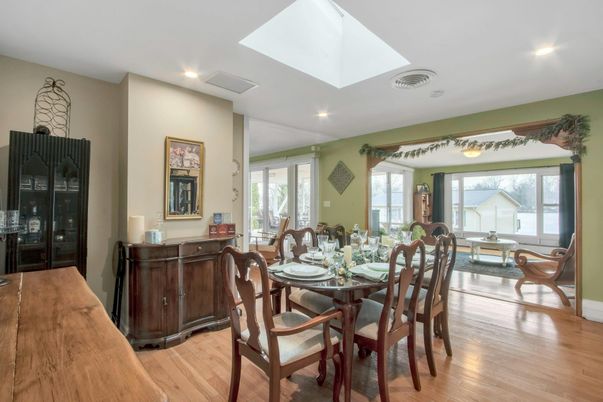 Dining room, Interior, Recessed Lighting, Wood Texture Flooring