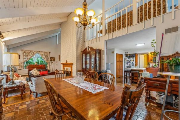 Chandelier, Dining room, Fireplace, Interior, Living room, Wooden Beams