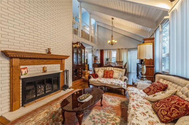 Chandelier, Fireplace, Interior, Living room, Stone Walls, Wood Texture Flooring