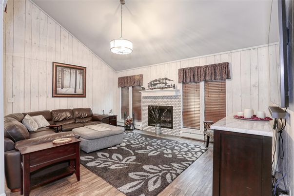 Fireplace, Interior, Living room, Pendant Lights, Wood Texture Flooring, Wooden Walls