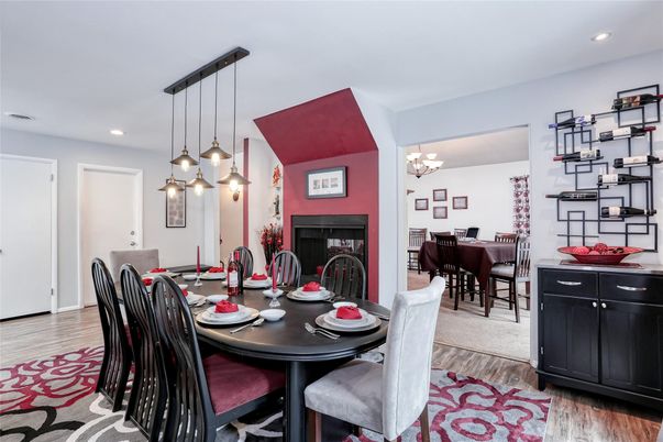 Chandelier, Dining room, Fireplace, Interior, Pendant Lights, Recessed Lighting, Wood Texture Flooring