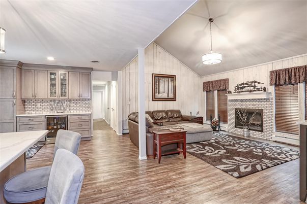 Fireplace, Interior, Kitchen, Living room, Pendant Lights, Recessed Lighting, Wood Texture Flooring