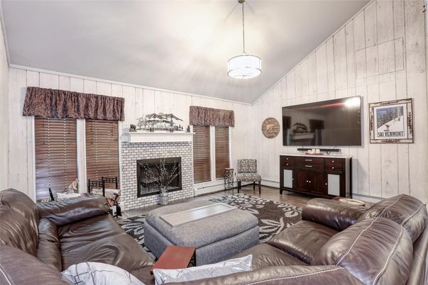 Fireplace, Interior, Living room, Pendant Lights, Wooden Walls