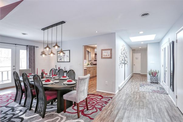 Dining room, Interior, Pendant Lights, Recessed Lighting, Wood Texture Flooring