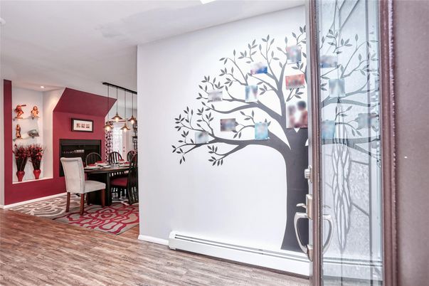 Dining room, Fireplace, Interior, Pendant Lights, Recessed Lighting, Wood Texture Flooring
