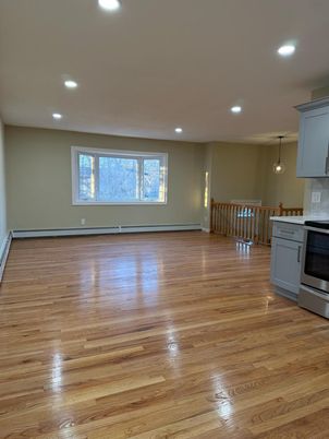Empty room, Interior, Kitchen, Pendant Lights, Recessed Lighting, Stainless Steel Appliances, Wood Texture Flooring