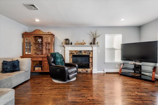 Fireplace, Interior, Recessed Lighting, Wood Texture Flooring