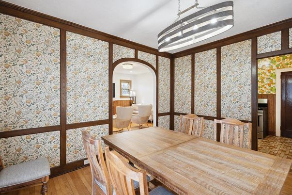 Dining room, Interior, Pendant Lights, Wood Texture Flooring