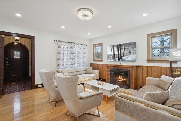 Fireplace, Interior, Living room, Recessed Lighting, Wood Texture Flooring