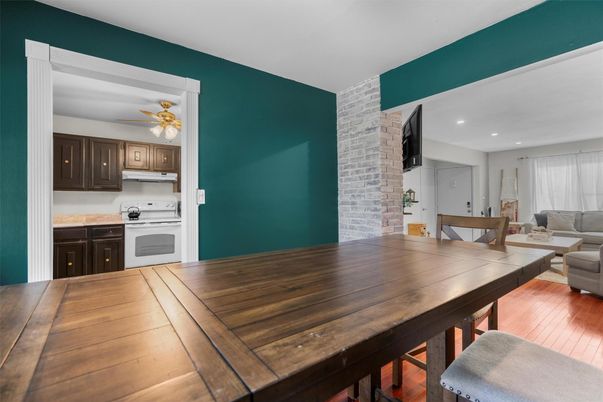 Dining room, Interior, Kitchen, Recessed Lighting, Stone Walls, Wood Texture Flooring