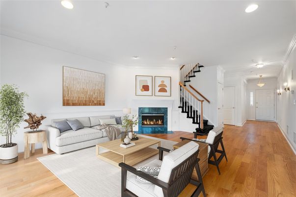 Fireplace, Interior, Living room, Pendant Lights, Recessed Lighting, Wood Texture Flooring