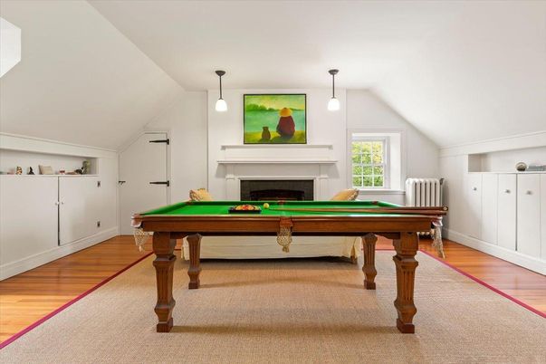 Billiard Table, Fireplace, Game Room, Interior, Pendant Lights, Wood Texture Flooring