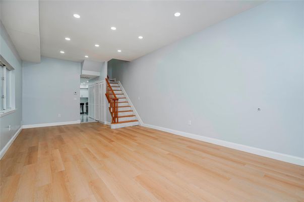 Empty room, Interior, Kitchen, Recessed Lighting, Wood Texture Flooring