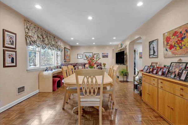Dining room, Interior, Recessed Lighting, Wood Texture Flooring