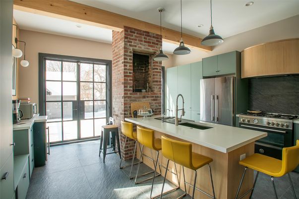 Fireplace, Interior, Kitchen, Pendant Lights, Recessed Lighting, Stainless Steel Appliances, Stone Walls