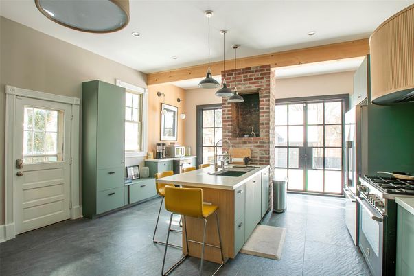 Interior, Kitchen, Pendant Lights, Recessed Lighting, Stone Walls, Wooden Beams