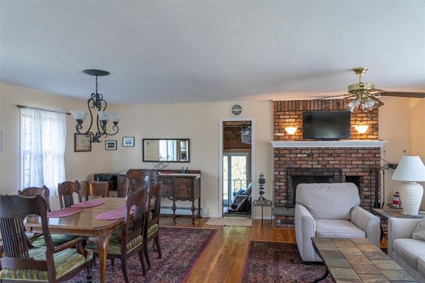 Chandelier, Dining room, Fireplace, Interior, Living room, Wood Texture Flooring