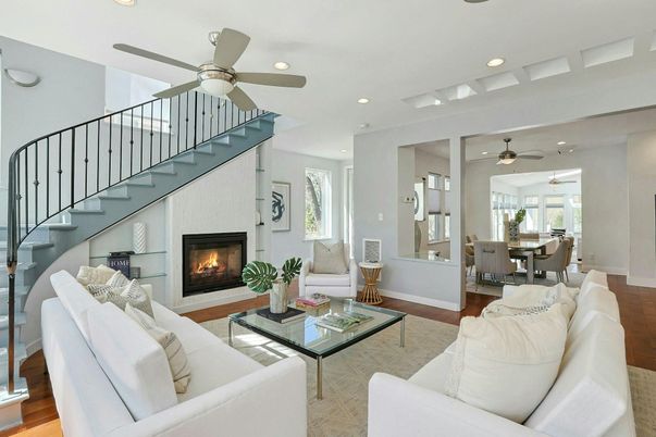 Dining room, Fireplace, Interior, Living room, Recessed Lighting, Wood Texture Flooring