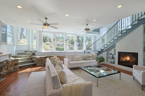 Fireplace, Interior, Living room, Recessed Lighting, Wood Texture Flooring