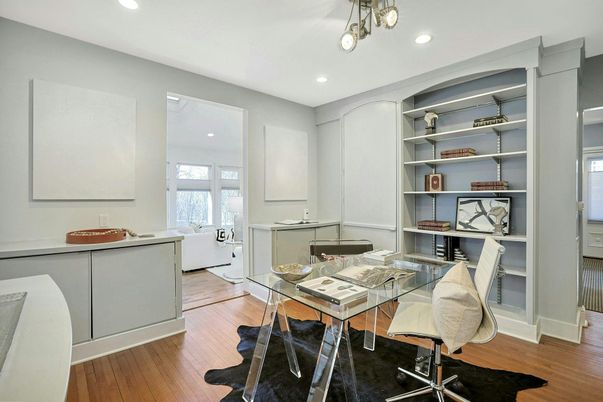Home Office, Interior, Pendant Lights, Recessed Lighting, Wood Texture Flooring