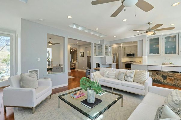 Interior, Kitchen, Living room, Recessed Lighting, Stainless Steel Appliances, Wood Texture Flooring