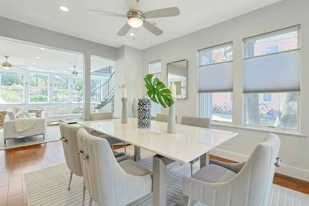 Dining room, Interior, Living room, Recessed Lighting, Wood Texture Flooring