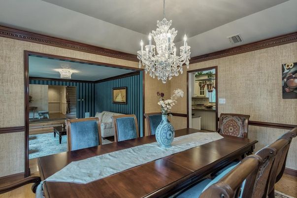 Chandelier, Dining room, Interior, Wood Texture Flooring