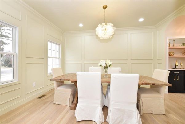 Dining room, Interior, Pendant Lights, Recessed Lighting, Wood Texture Flooring