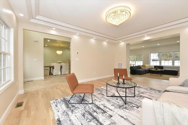 Chandelier, Dining room, Interior, Living room, Recessed Lighting, Wood Texture Flooring