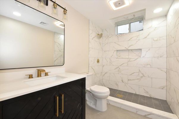 Bathroom, Glass Shower, Interior, Marble Walls, Recessed Lighting