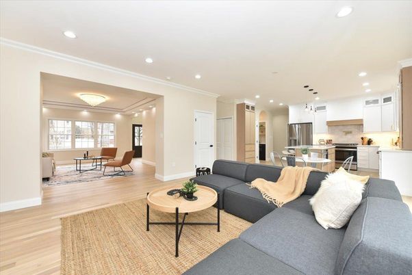 Dining room, Interior, Kitchen, Living room, Pendant Lights, Recessed Lighting, Stainless Steel Appliances, Wood Texture Flooring