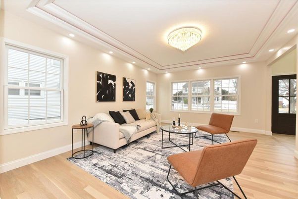 Chandelier, Interior, Living room, Recessed Lighting, Wood Texture Flooring