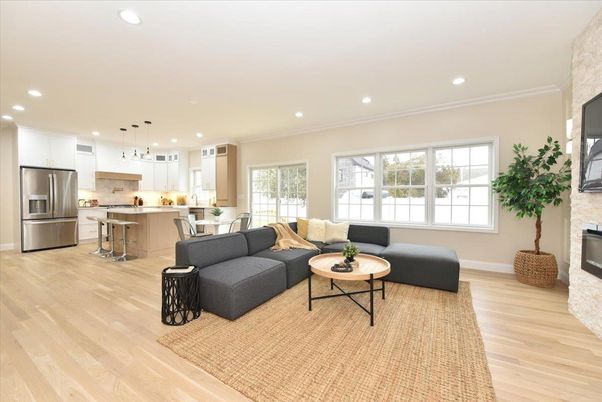 Interior, Kitchen, Living room, Pendant Lights, Recessed Lighting, Stainless Steel Appliances, Wood Texture Flooring