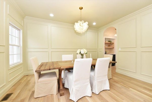 Dining room, Interior, Pendant Lights, Recessed Lighting, Wood Texture Flooring