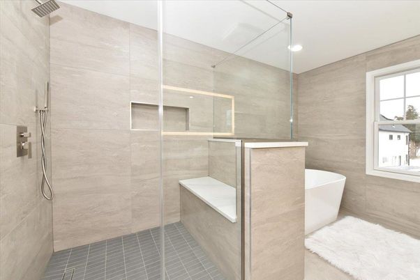 Bathroom, Free Standing Baths, Glass Shower, Interior, Recessed Lighting