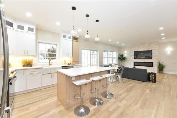 Fireplace, Interior, Kitchen, Living room, Pendant Lights, Recessed Lighting, Stone Walls, Wood Texture Flooring