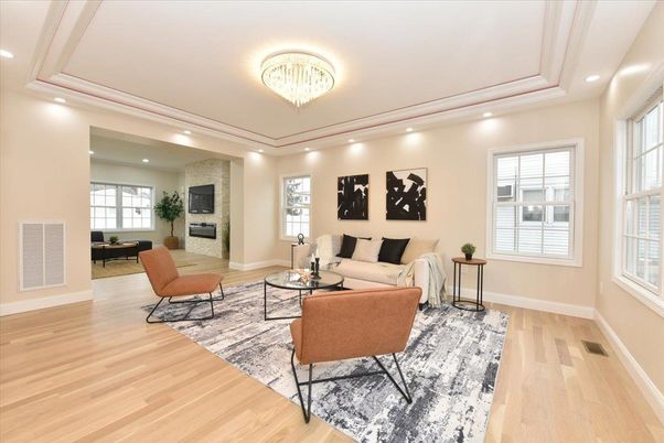 Chandelier, Fireplace, Interior, Living room, Recessed Lighting, Wood Texture Flooring