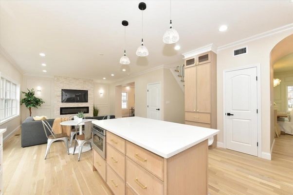 Dining room, Fireplace, Interior, Kitchen, Living room, Pendant Lights, Recessed Lighting, Stone Walls, Wood Texture Flooring