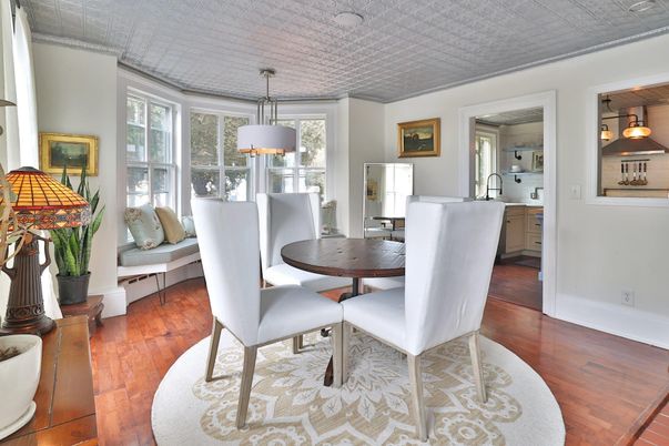 Dining room, Interior, Pendant Lights, Wood Texture Flooring
