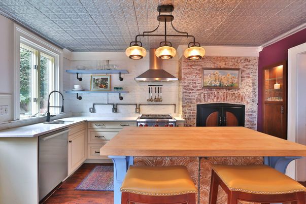 Fireplace, Interior, Kitchen, Stainless Steel Appliances, Stone Walls, Wood Texture Flooring