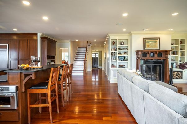 Fireplace, Interior, Kitchen, Living room, Recessed Lighting, Wood Texture Flooring