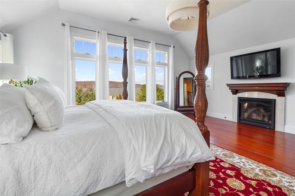 Bedroom, Fireplace, Interior, Wood Texture Flooring