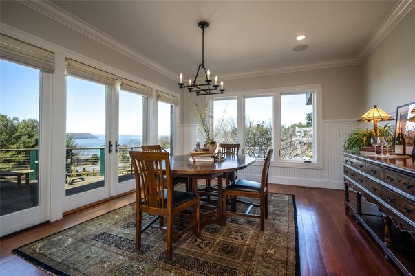 Chandelier, Dining room, Interior, Recessed Lighting, Water, Wood Texture Flooring