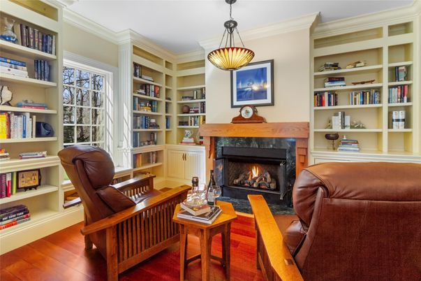 Fireplace, Home Office, Interior, Pendant Lights, Wood Texture Flooring