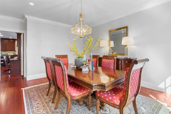 Dining room, Interior, Pendant Lights, Recessed Lighting, Wood Texture Flooring