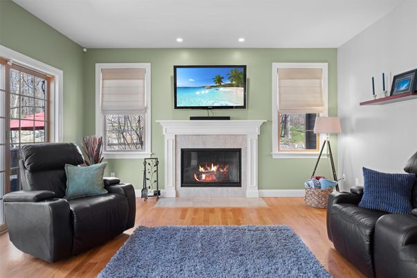 Fireplace, Interior, Recessed Lighting, Wood Texture Flooring